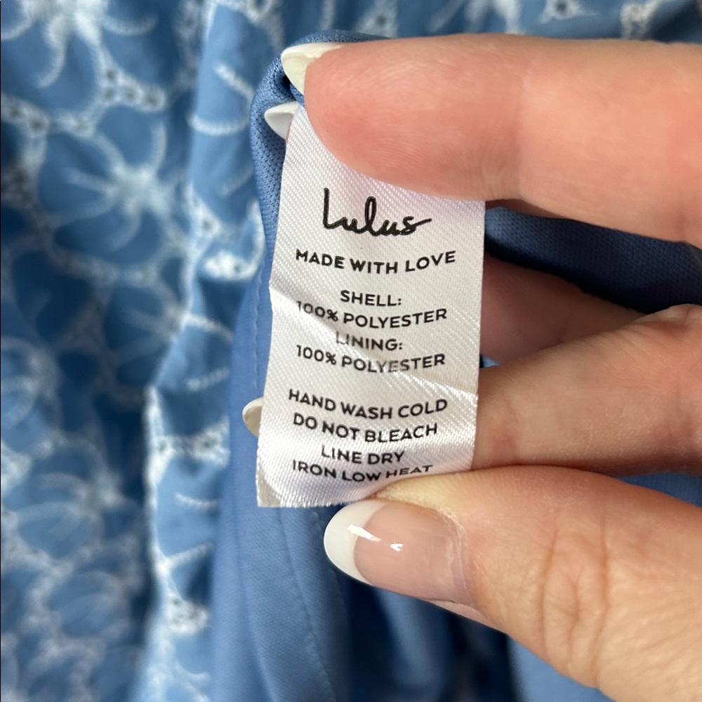 Lulus Fit to Frolic Blue Floral Eyelet Puff Sleeve‎ Babydoll Mini Dress Sz Small - Picture 10 of 12